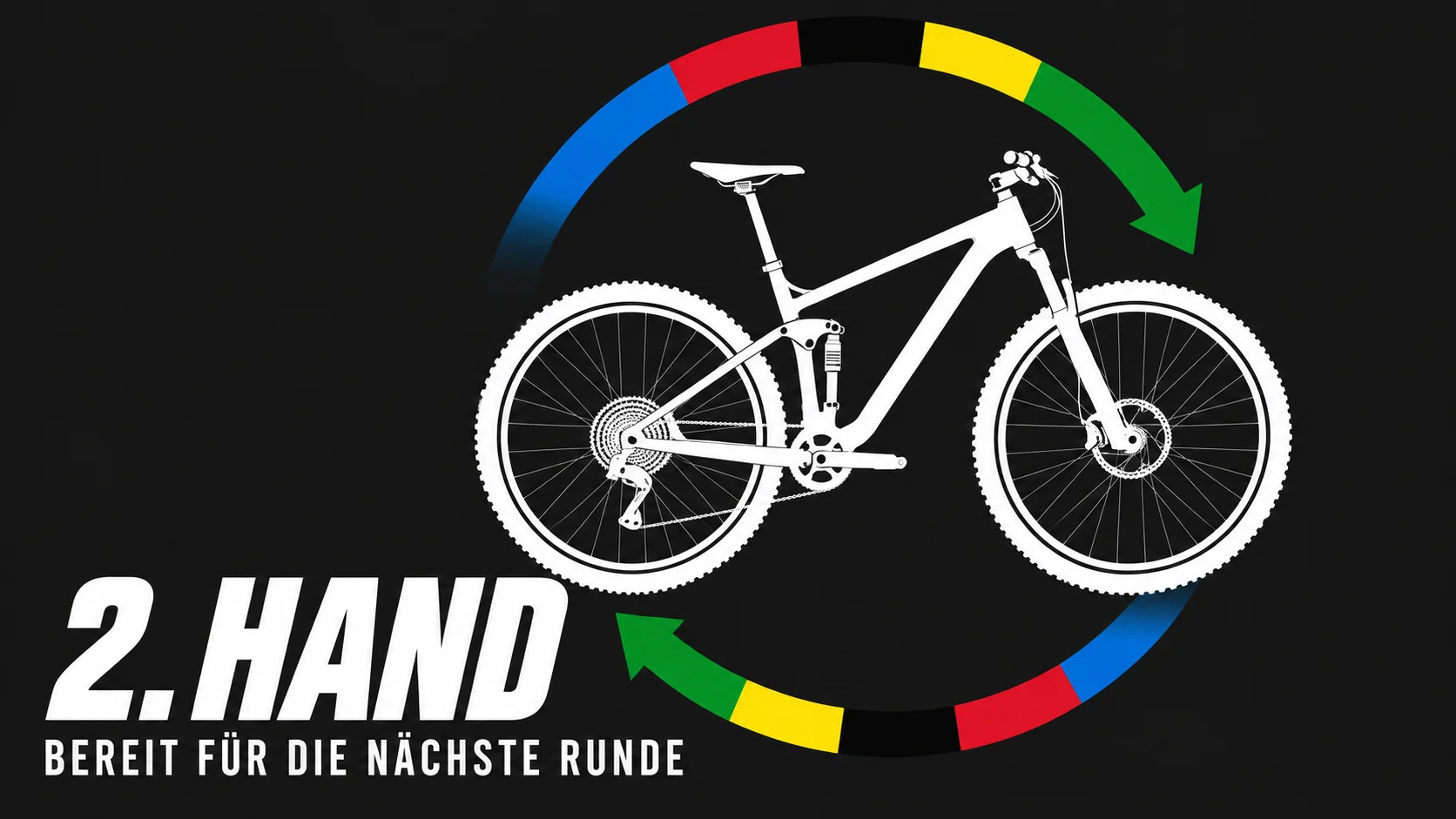 2. Hand – bereit für die nächste Runde. Fahrrad mit Kreispfeilen in den fünf Trikotfarben.